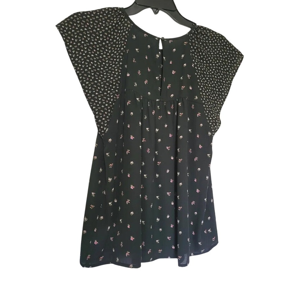 Gap Women Black Pink Floral Flutter Sleeve Cottage Boho Chiffon Career Blouse XS - Picture 3 of 6